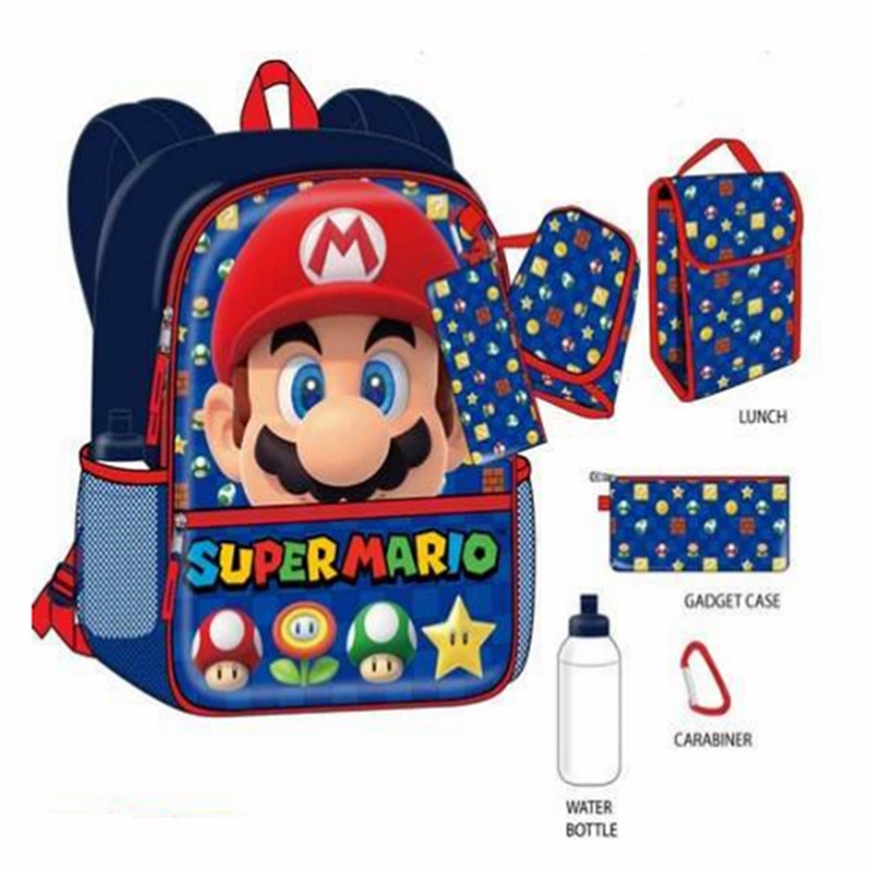 Super Mario 16 Checkered 5 Piece Backpack Set New