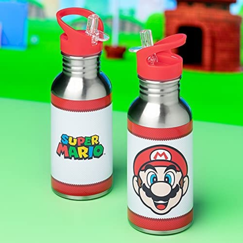Super Mario Metal Water Bottle with Built In Straw New