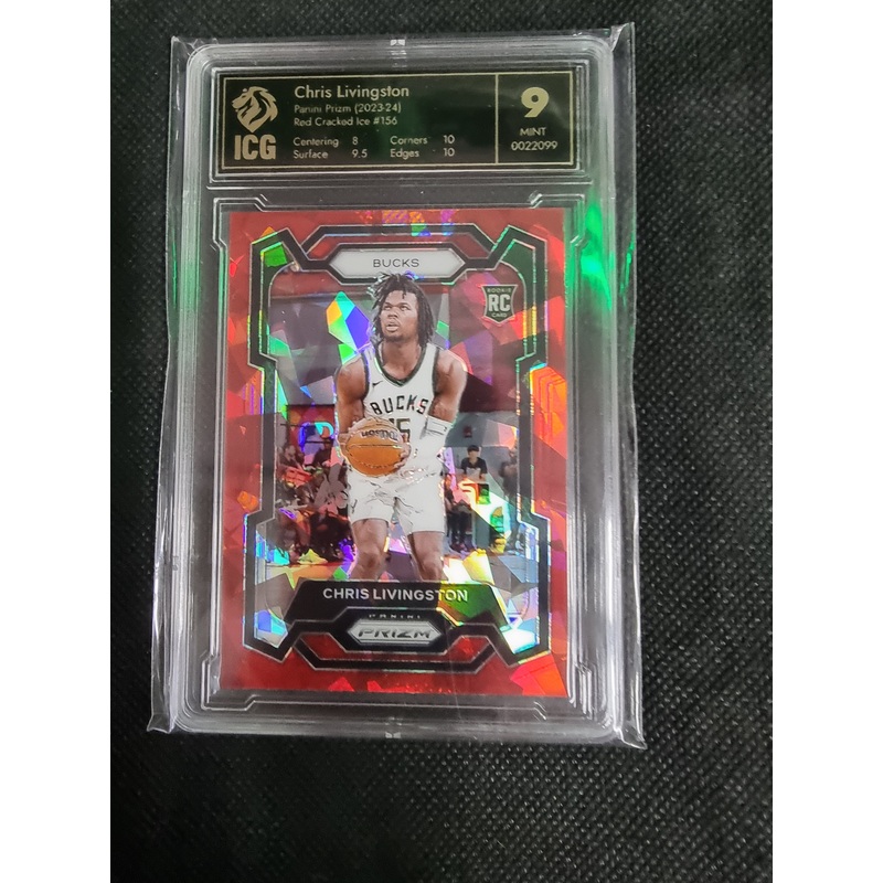 ICG 9 MINT 2023-24 Panini Prizm Red Cracked Ice Chris Livingston Rookie Milwaukee Bucks