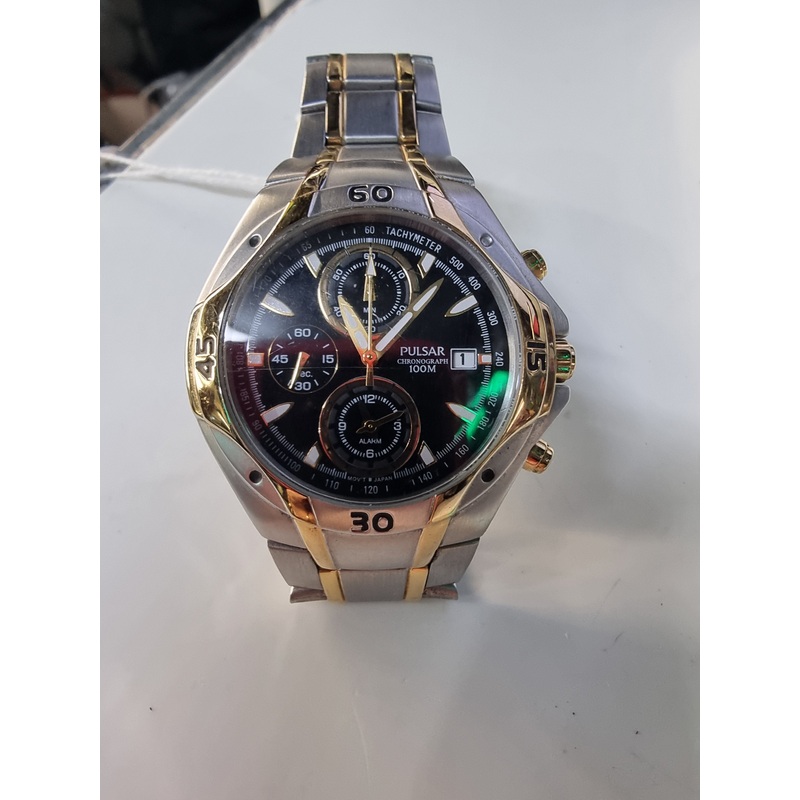 Pulsar Chronograph Two Tone Black Dial Gilt Indices Dress Wristwatch Quartz