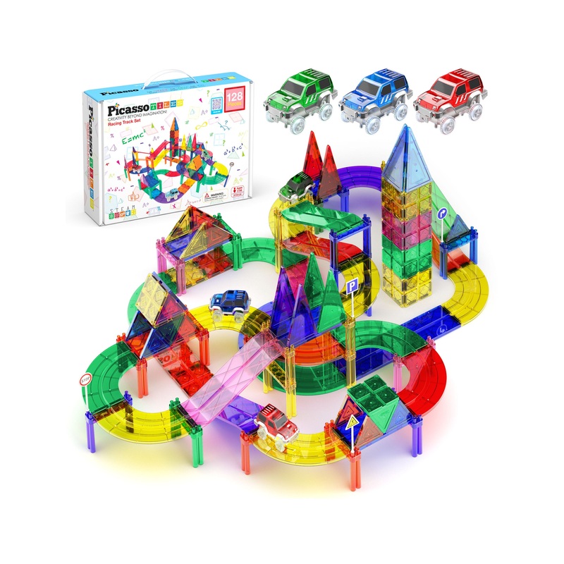 128pc Magnetic Tiles LED Car Track Set