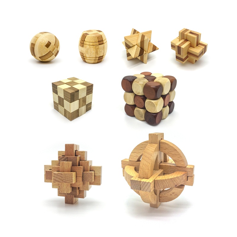 8 Style Wooden Burr Puzzle Cube, Ball and Barrels