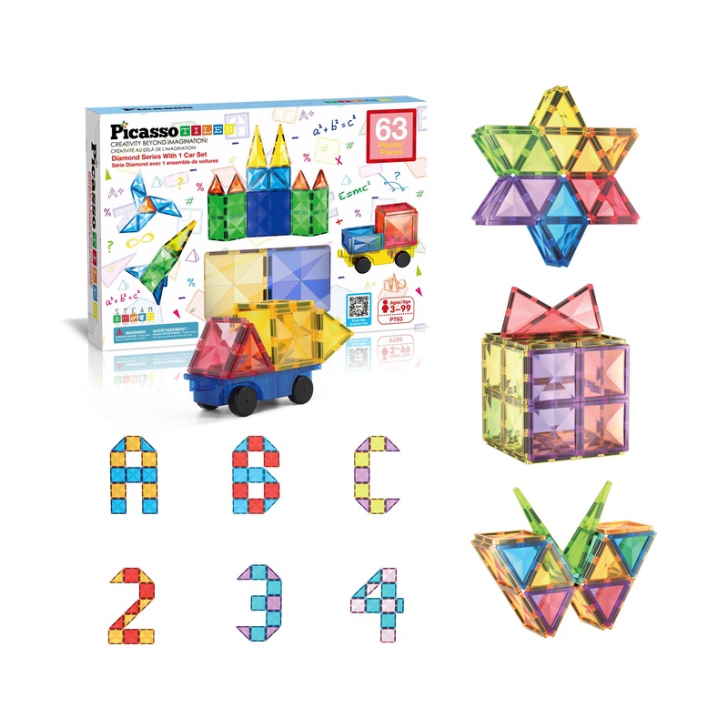 Magnetic Tiles with Vehicle Base 63 Piece Building Block Set