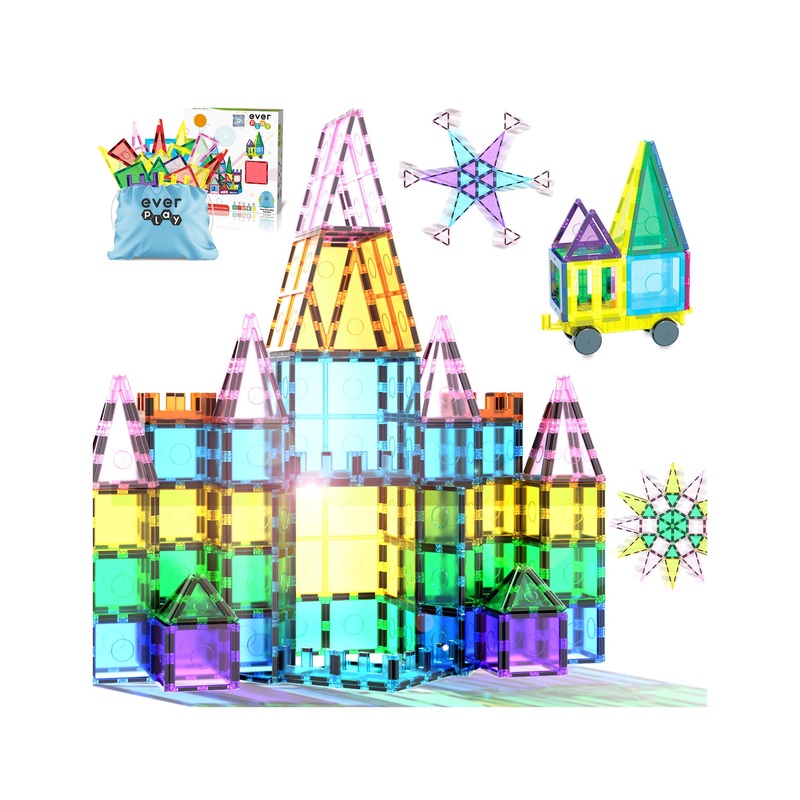 EverPlay 61pc Magnet Tile Building Blocks with Car Base Drawstring Bag