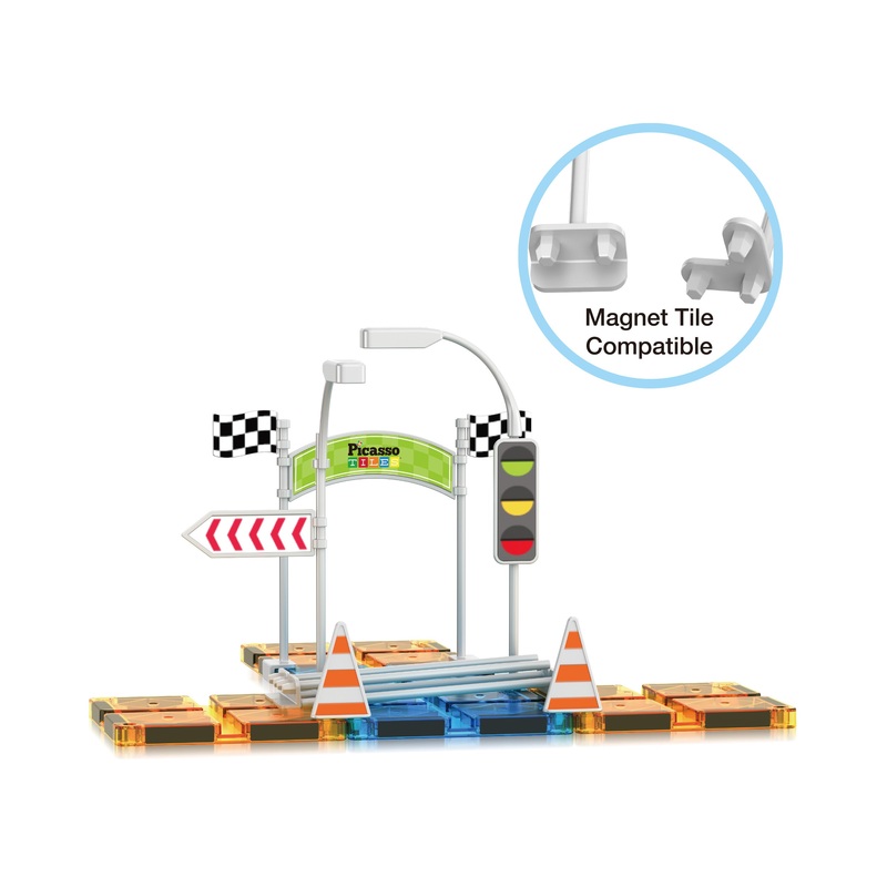 Magnet Tile Race Track Traffic Sign Accessory 18pc Kit