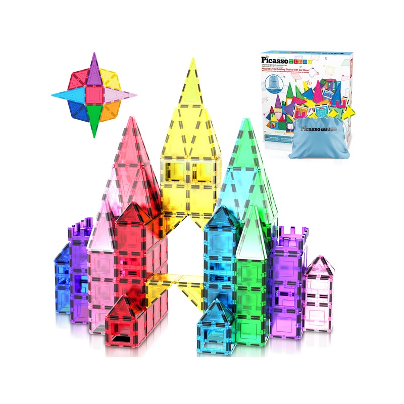 Magnetic Tile Blocks with Car Base & Storage Bag - 61 Pieces