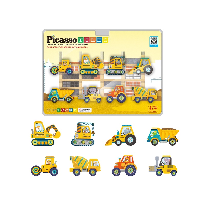 8pc Magnet Tile Zoo Animal Set on Construction Vehicles
