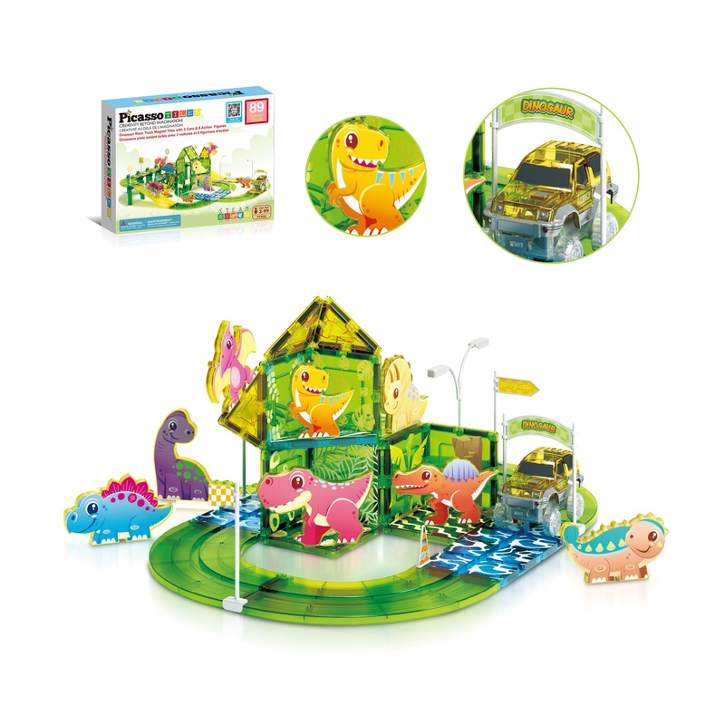 Magnetic Dinosaur Race Car Track Building Tile Set