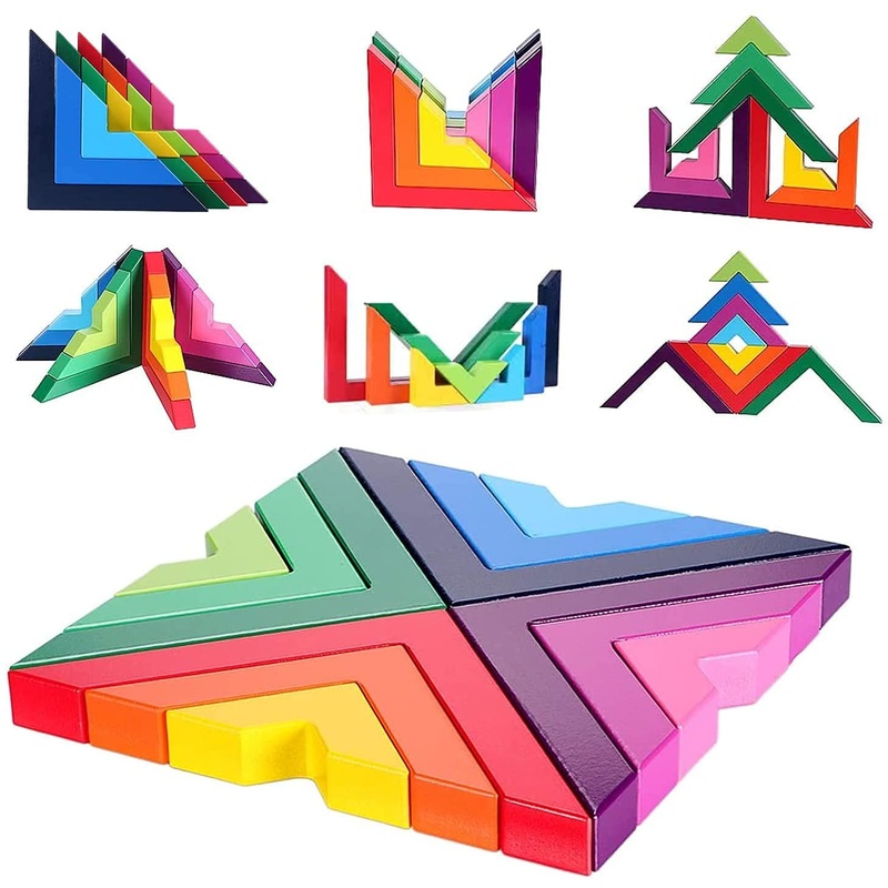 Wooden Rainbow Stacking Game Stacker Geometry Building Blocks