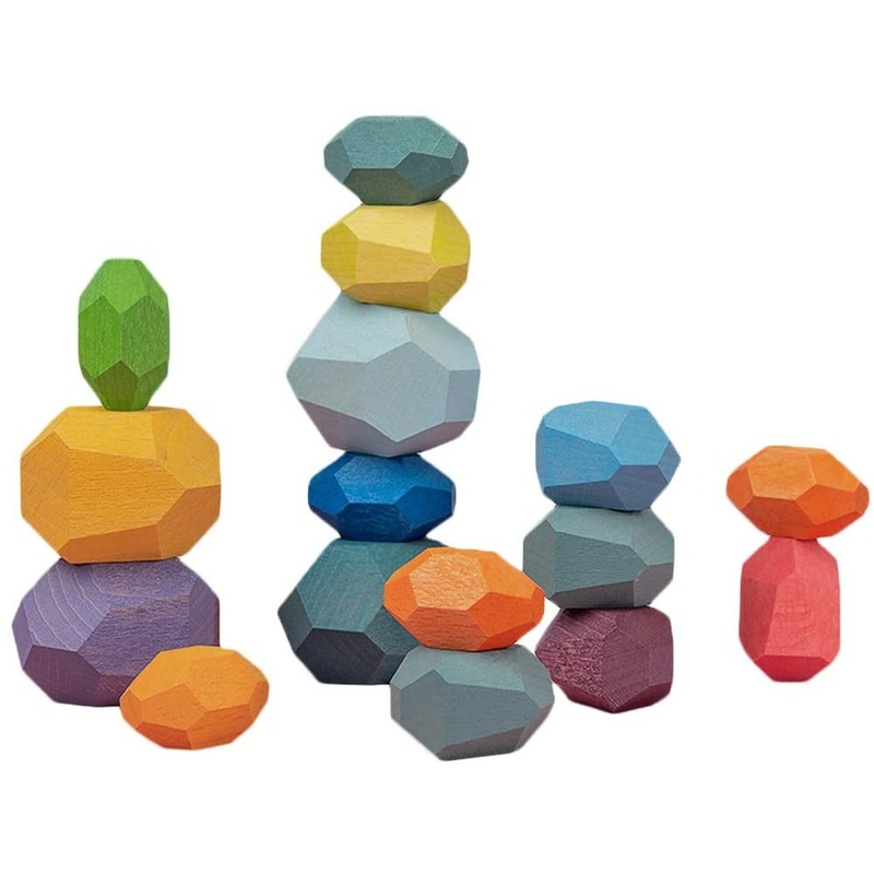 16 pcs Wooden Balancing Blocks, Coloured Wooden Stones Stacking Game
