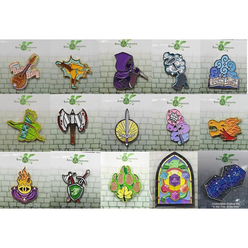 Bundle (Collection) of 15 pins - 1 each of D&D classes + a 2d20 and a Stained Glass Window - Collectible Enamel Pin