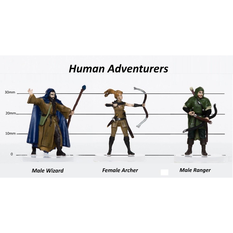 Human Adventurers Group of 3 - Set B - Archer, Wizard, Ranger - 28mm Plastic Minis