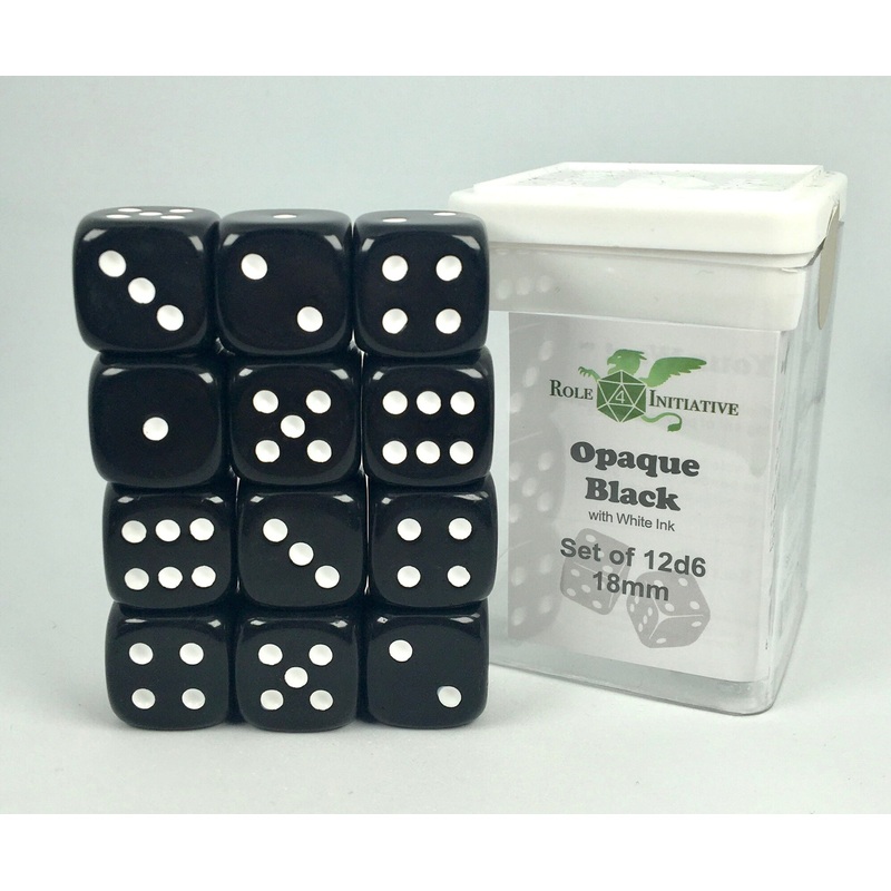 Opaque Black w/ White Ink - Set of 12d6 pips 18mm Dice
