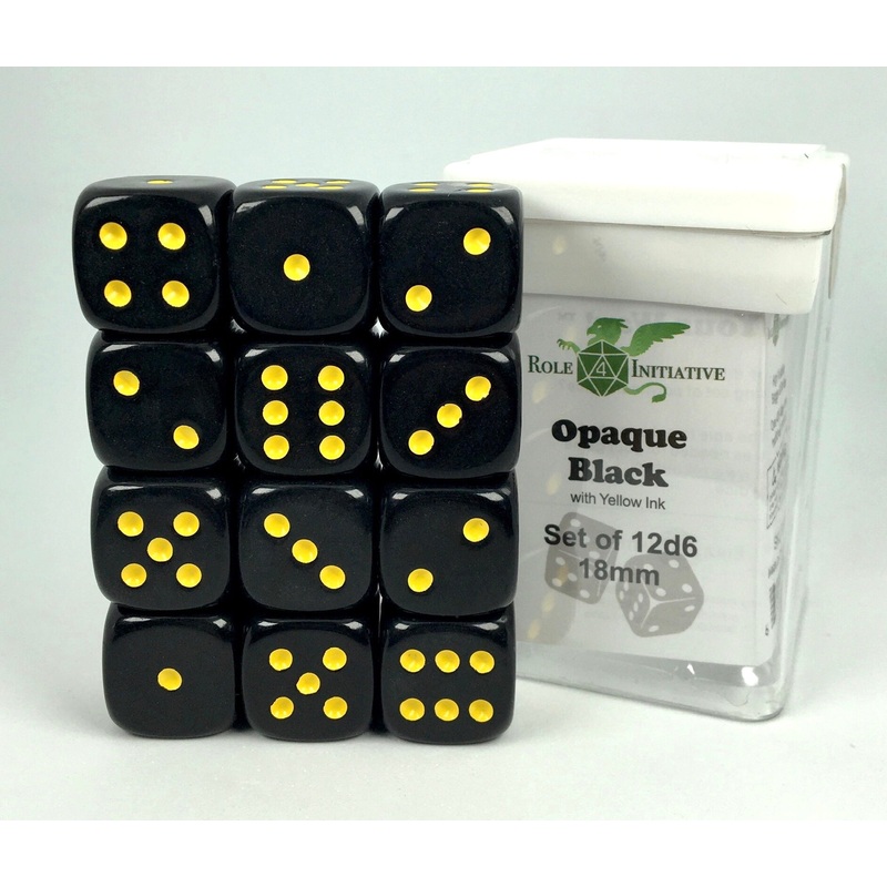 Opaque Black w/ Yellow Ink - Set of 12d6 pips 18mm Dice
