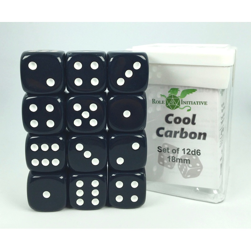 Opaque Cool Carbon w/ White Ink - Set of 12d6 pips 18mm Dice