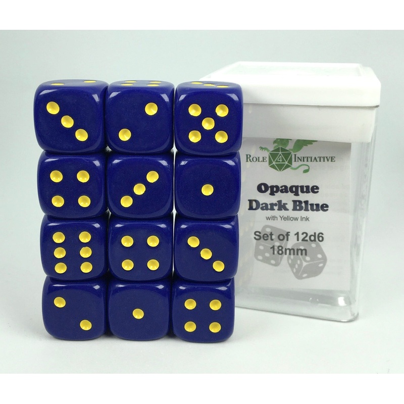 Opaque Dark Blue w/ Yellow Ink - Set of 12d6 pips 18mm Dice