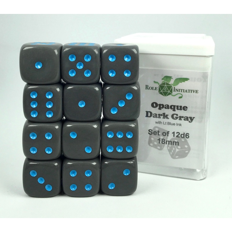 Opaque Dark Gray w/ Lt Blue Ink - Set of 12d6 pips 18mm Dice