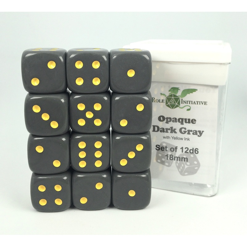 Opaque Dark Gray w/ Yellow Ink - Set of 12d6 pips 18mm Dice