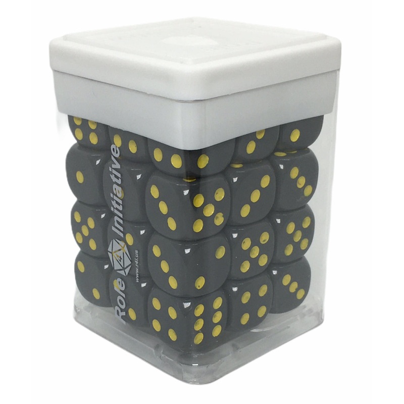 Opaque Dark Gray w/ Yellow Ink - Set of 36d6 pips 14mm Dice