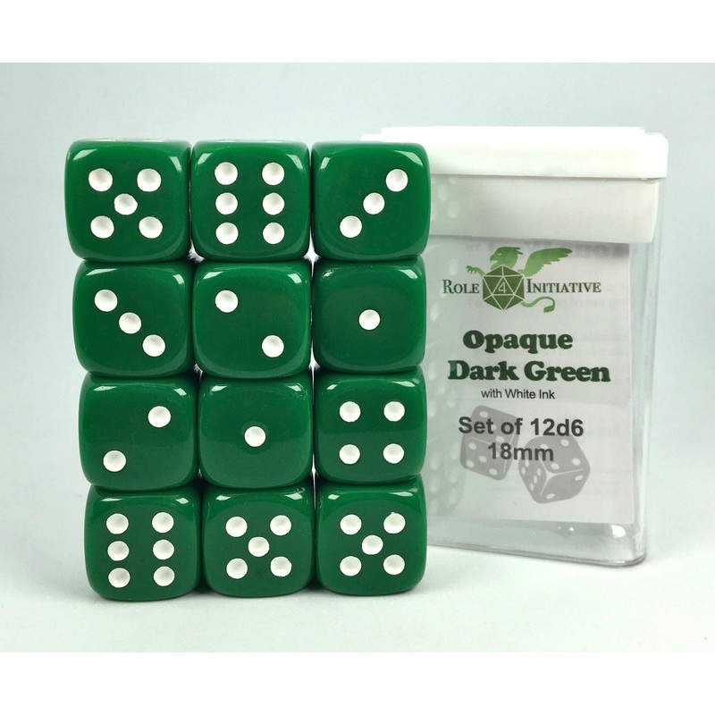 Opaque Dark Green w/ White Ink - Set of 12d6 pips 18mm Dice