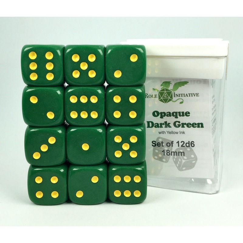 Opaque Dark Green w/ Yellow Ink - Set of 12d6 pips 18mm Dice