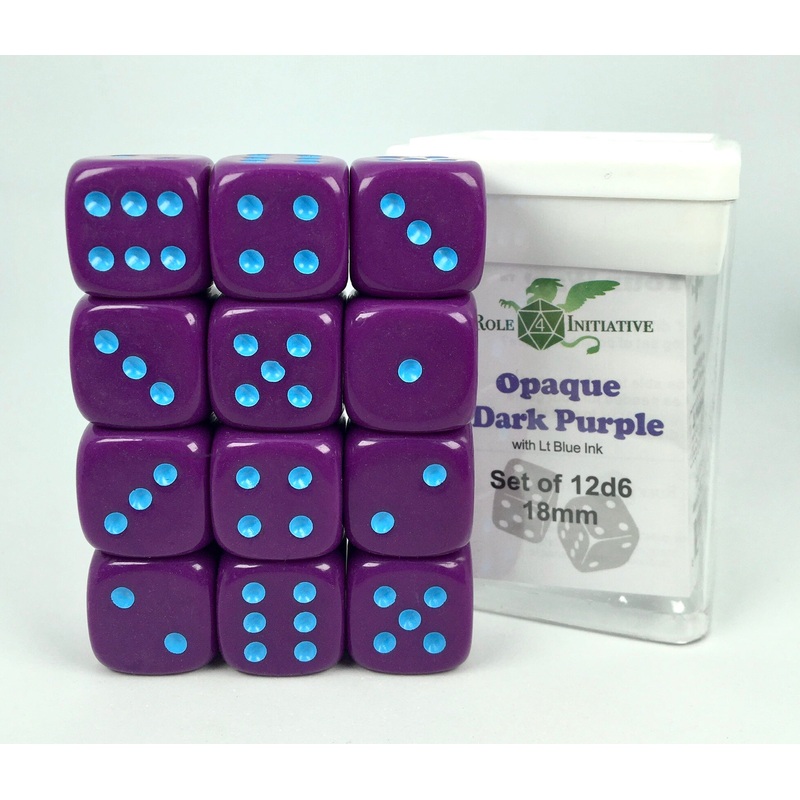 Opaque Dark Purple w/ Lt Blue Ink - Set of 12d6 pips 18mm Dice