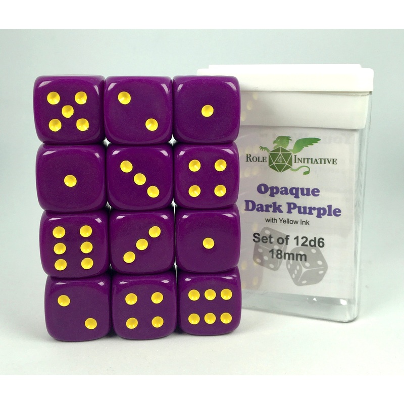 Opaque Dark Purple w/ Yellow Ink - Set of 12d6 pips 18mm Dice