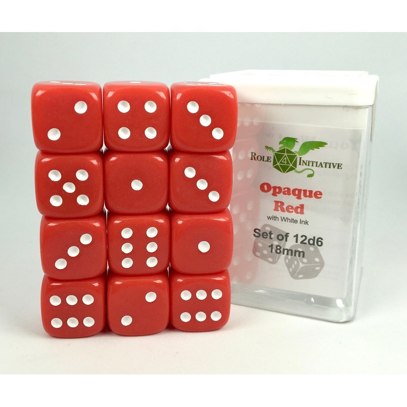 Opaque Red w/ White Ink - Set of 12d6 pips 18mm Dice