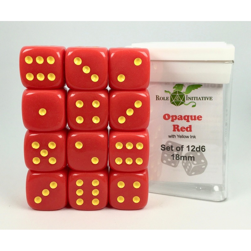 Opaque Red w/ Yellow Ink - Set of 12d6 pips 18mm Dice