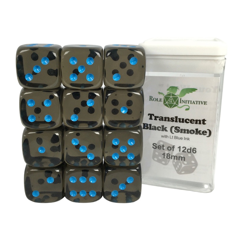 Translucent Black (Smoke) w/ Lt Blue Ink - Set of 12d6 pips 18mm Dice