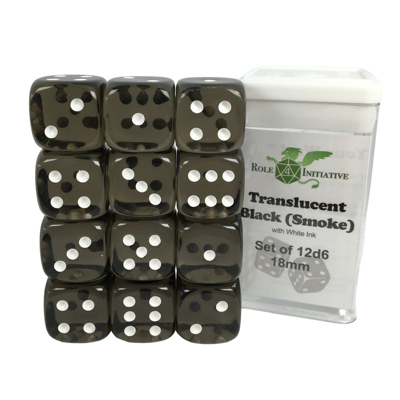 Translucent Black (Smoke) w/ White Ink - Set of 12d6 pips 18mm Dice