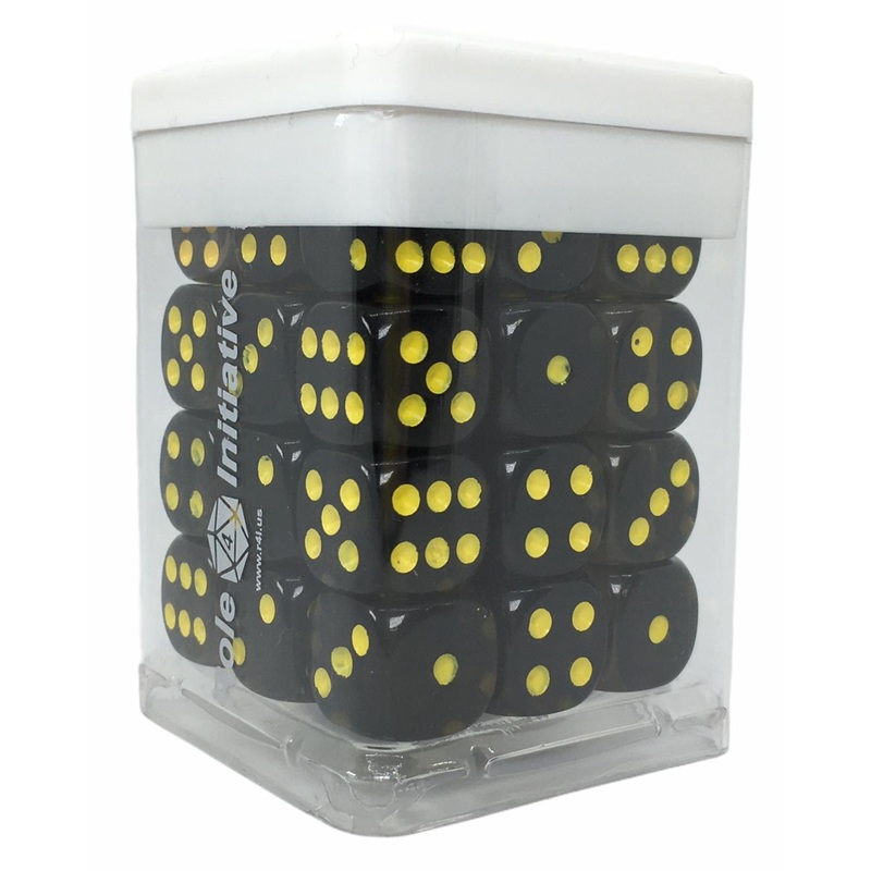 Translucent Black (Smoke) w/ Yellow Ink - Set of 36d6 pips 14mm Dice