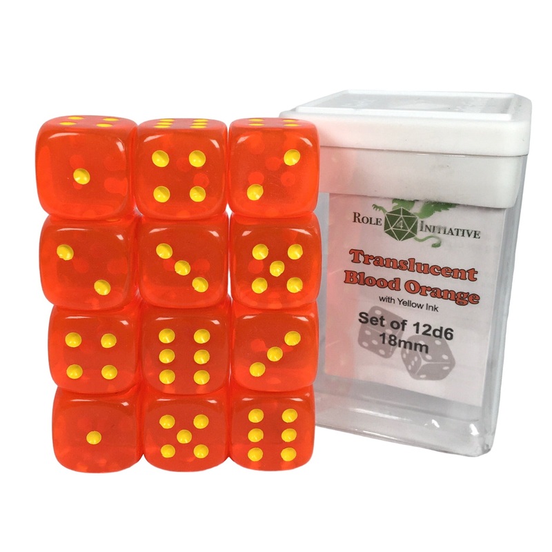 Translucent Blood Orange w/ Yellow Ink - Set of 12d6 pips 18mm Dice