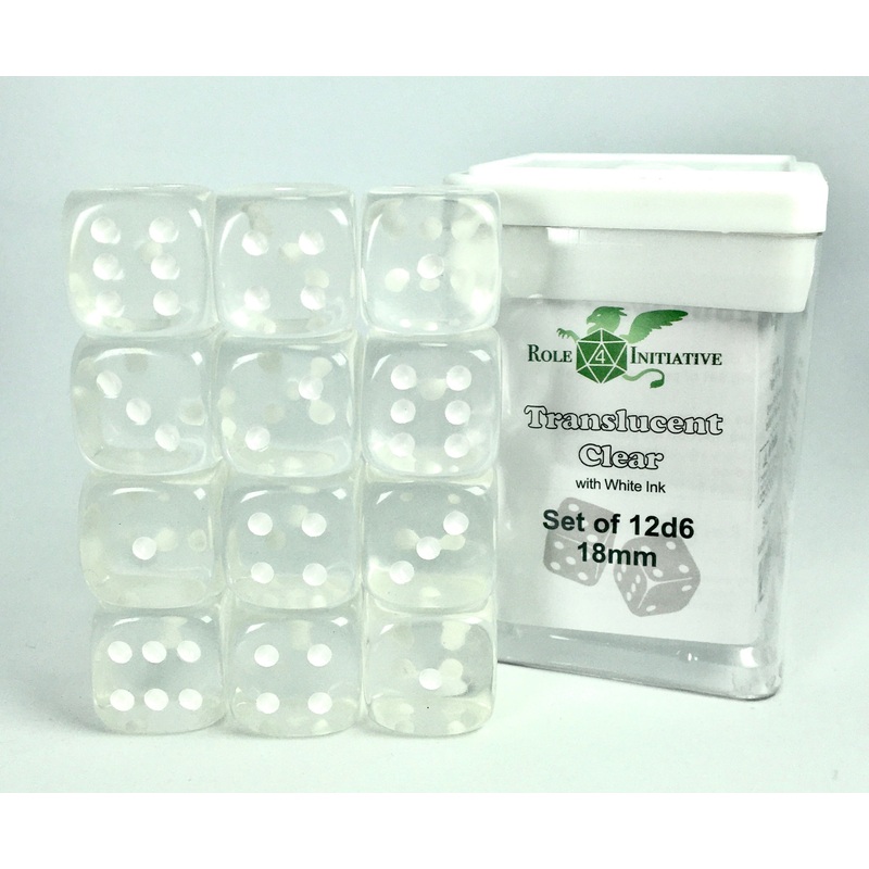 Translucent Clear w/ White - Set of 12d6 pips 18mm Dice
