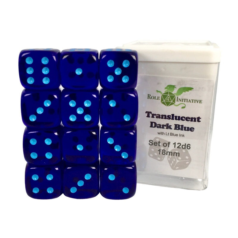 Translucent Dark Blue w/ Lt Blue Ink - Set of 12d6 pips 18mm Dice