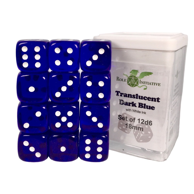 Translucent Dark Blue w/ White Ink - Set of 12d6 pips 18mm Dice