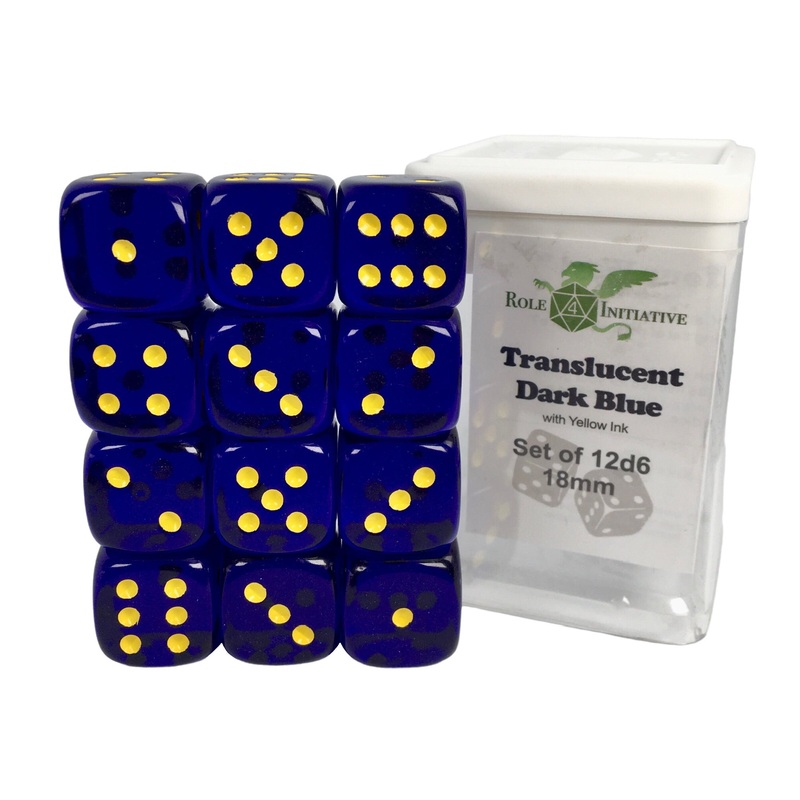 Translucent Dark Blue w/ Yellow Ink - Set of 12d6 pips 18mm Dice
