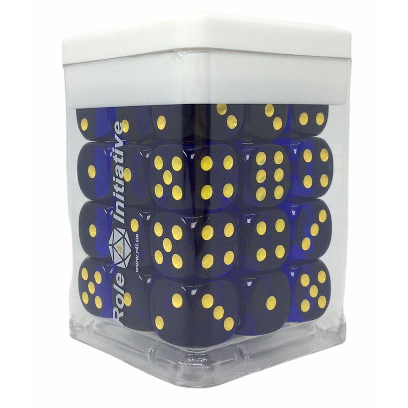 Translucent Dark Blue w/ Yellow Ink - Set of 36d6 pips 14mm Dice