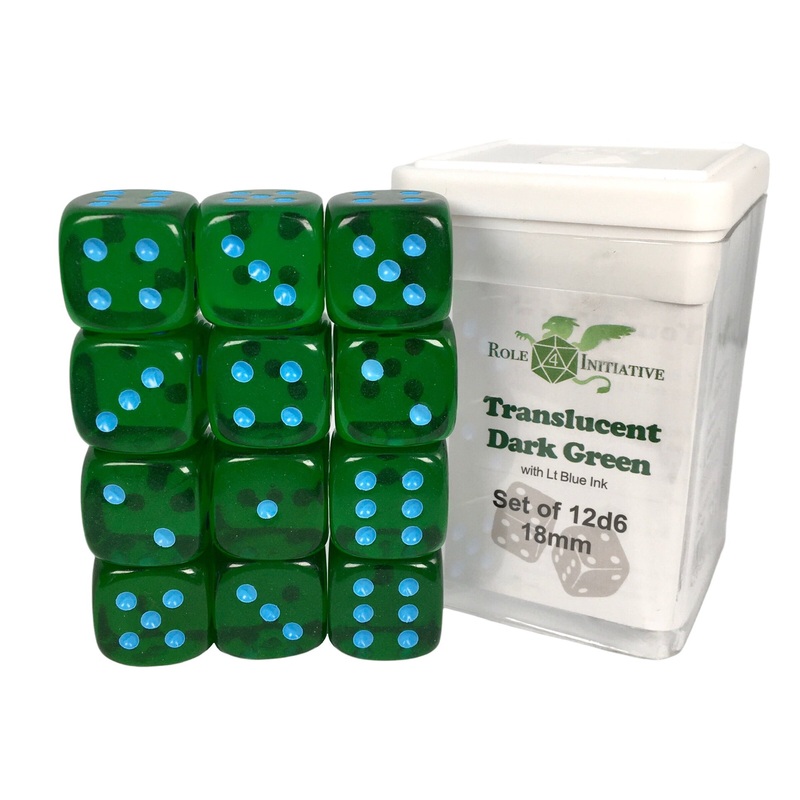 Translucent Dark Green w/ Lt Blue Ink - Set of 12d6 pips 18mm Dice