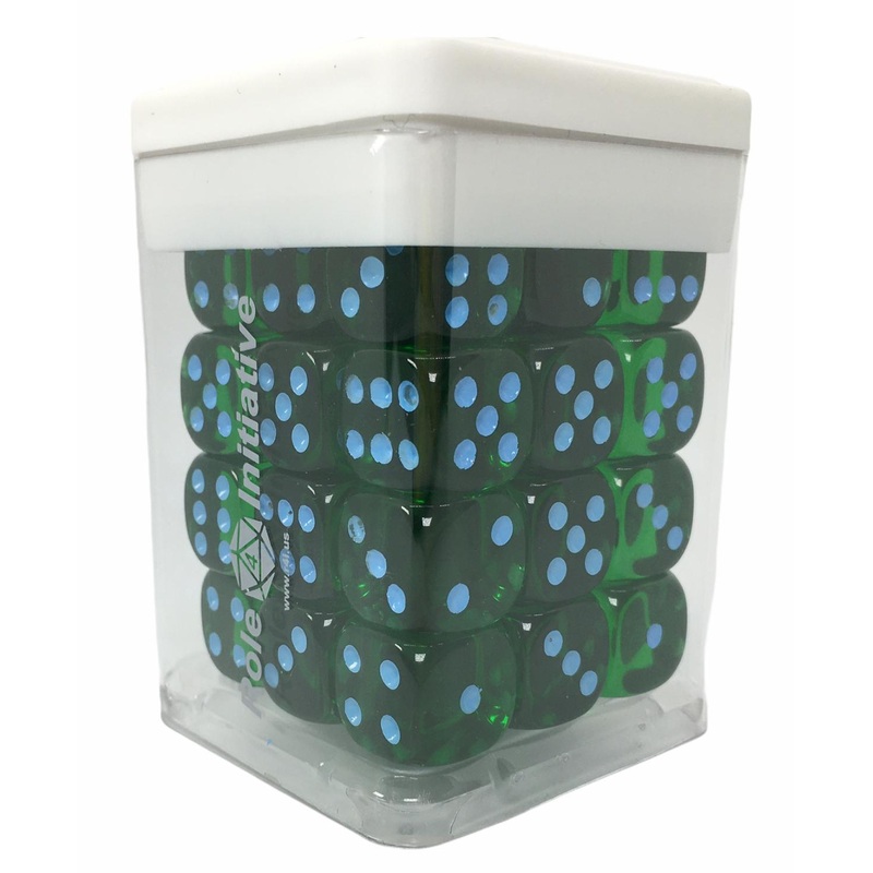 Translucent Dark Green w/ Lt Blue Ink - Set of 36d6 pips 14mm Dice