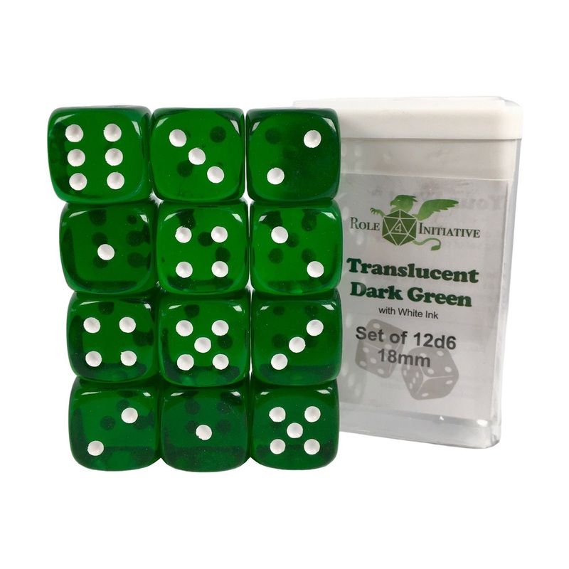 Translucent Dark Green w/ White Ink - Set of 12d6 pips 18mm Dice