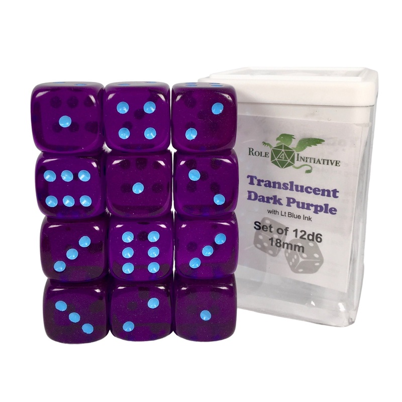 Translucent Dark Purple w/ Lt Blue Ink - Set of 12d6 pips 18mm Dice