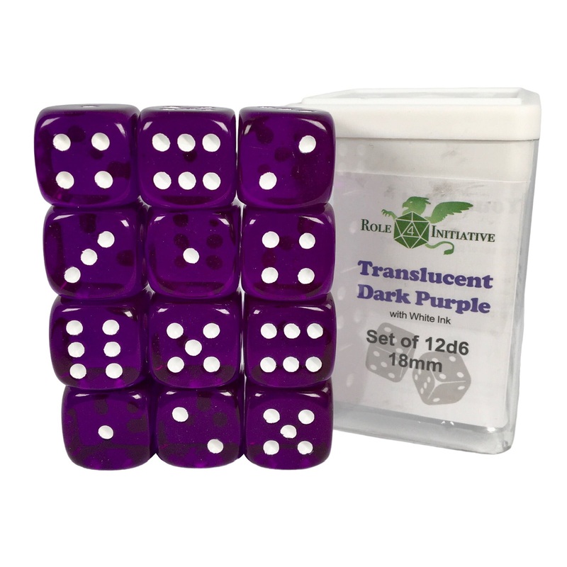 Translucent Dark Purple w/ White Ink - Set of 12d6 pips 18mm Dice