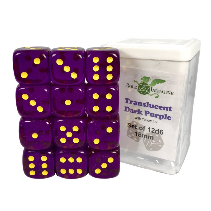 Translucent Dark Purple w/ Yellow Ink - Set of 12d6 pips 18mm Dice