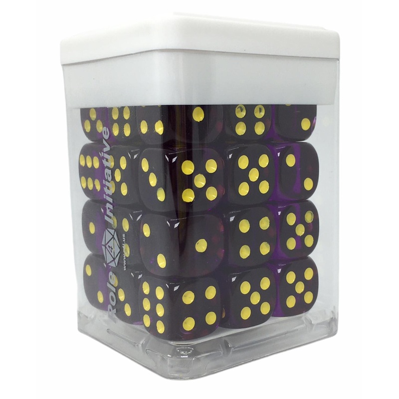 Translucent Dark Purple w/ Yellow Ink - Set of 36d6 pips 14mm Dice