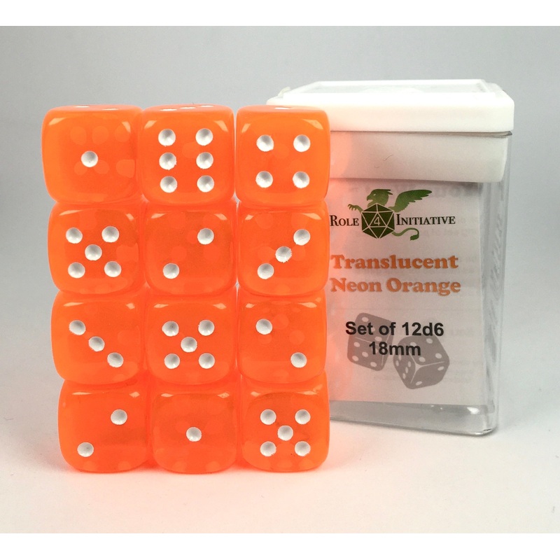 Translucent Neon Orange w/ White Ink - Set of 12d6 pips 18mm Dice