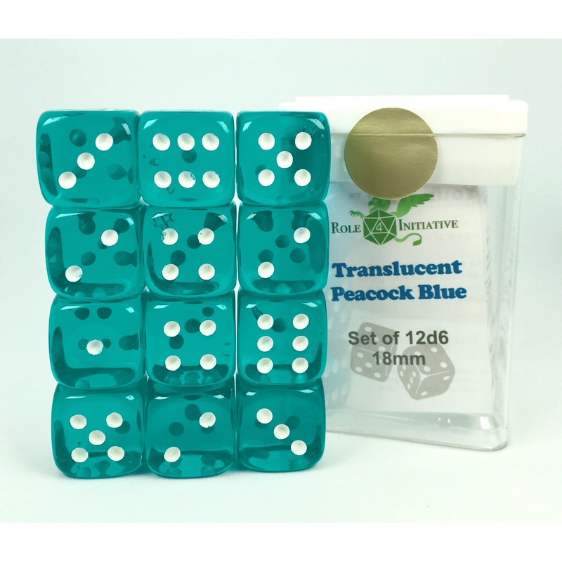Translucent Peacock Blue - Set of 12d6 pips 18mm Dice