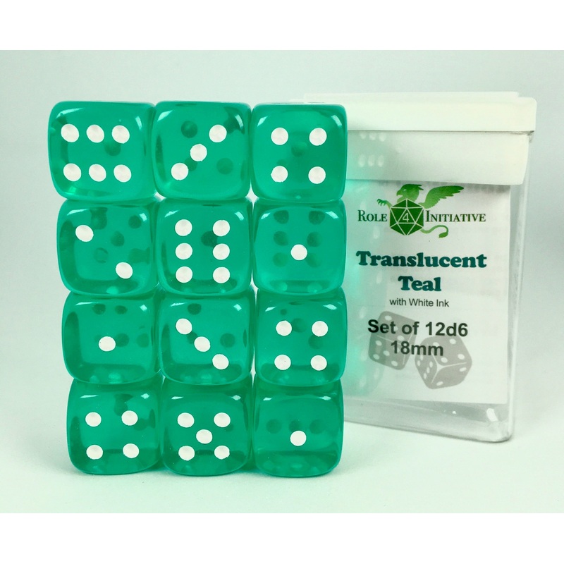 Translucent Teal w/ White - Set of 12d6 pips 18mm Dice