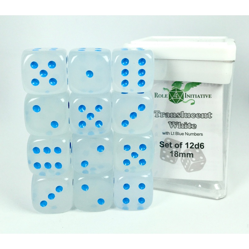 Translucent White w/ Lt Blue Ink - Set of 12d6 pips 18mm Dice