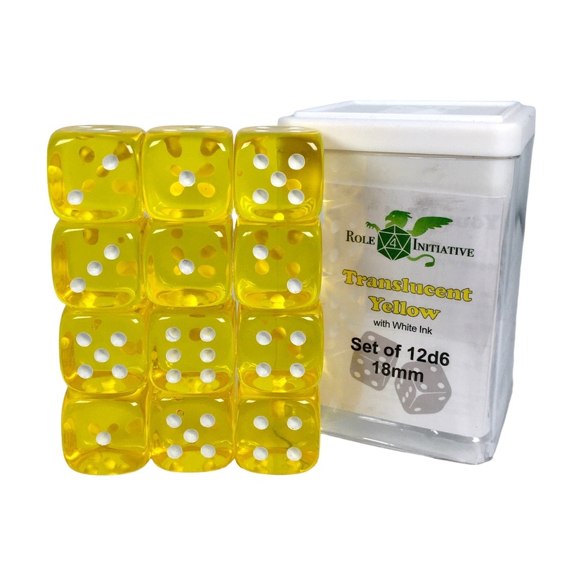 Translucent Yellow w/ White - Set of 12d6 pips 18mm Dice